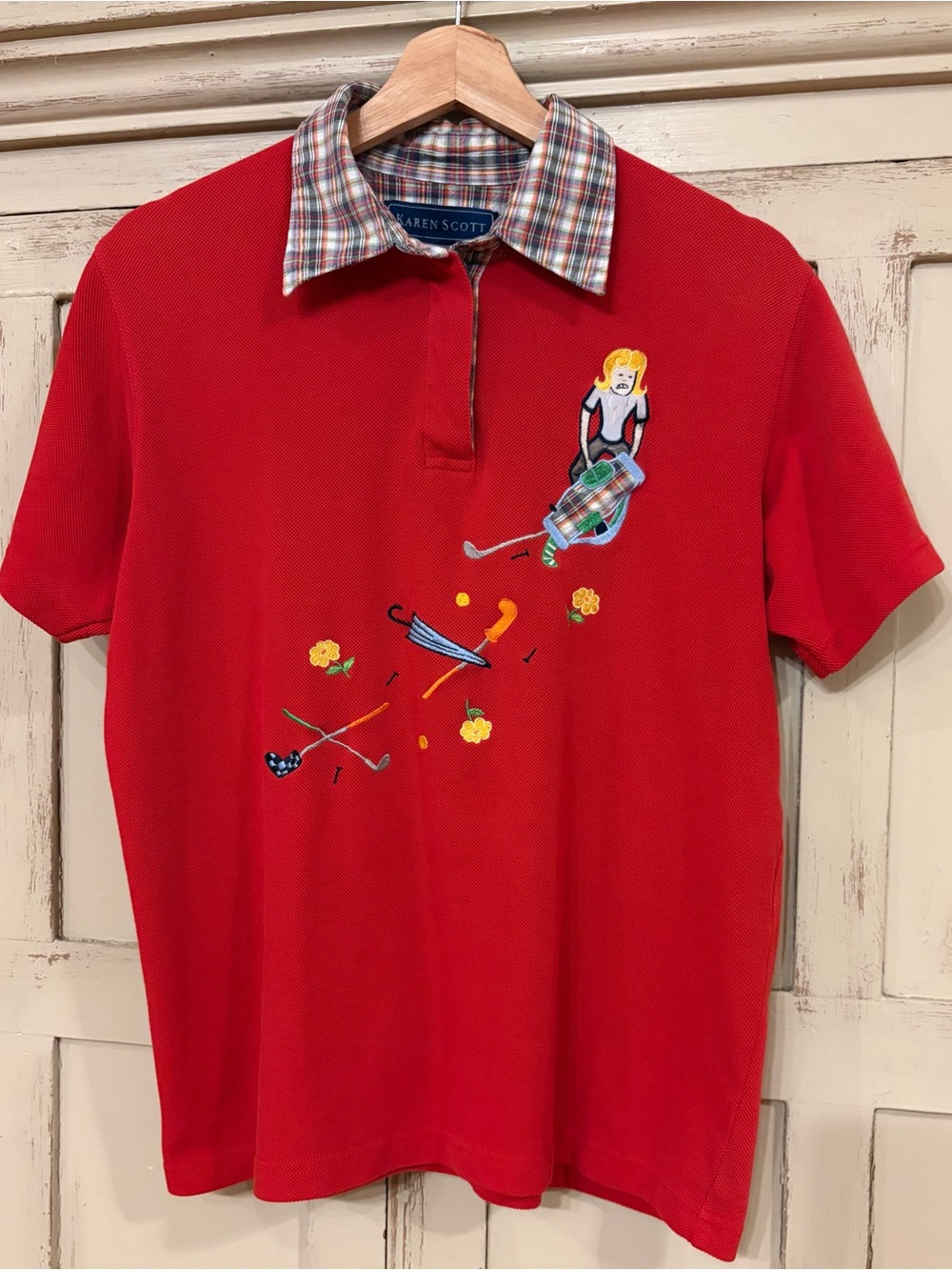 Ladies Golf Polo Red Size Medium Embroidered Fun Colorful Plaid Collar Comical